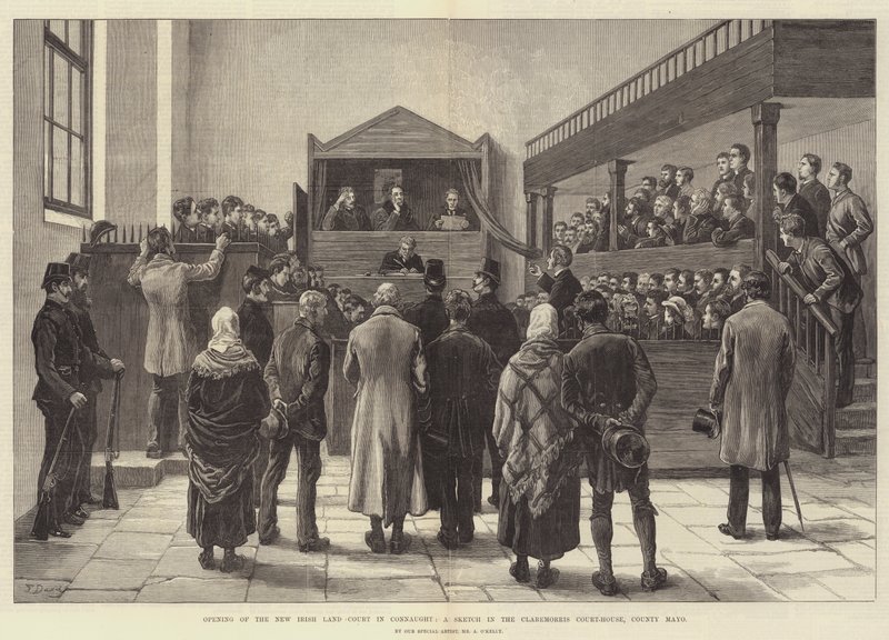 A New Irish Land Court megnyitása Connaught-ban, vázlat a Claremorris Bírósági Házban, Mayo megyében alkotó: Frank Dadd