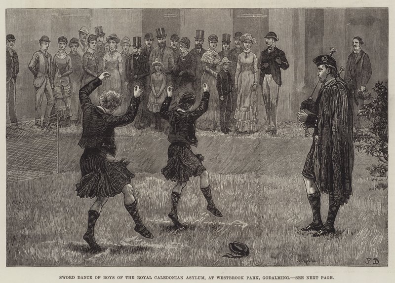 A Caledonian Royal Menedékház fiúinak kardtánca a Westbrook Parkban, Godalmingban alkotó: Frank Dadd