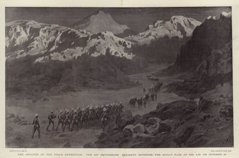 A Tirah-expedíció előretörése, az 1. devonshire-i ezred belép a Kohat-hágóba október 10-én hajnali 3:30-kor alkotó: Frank Dadd