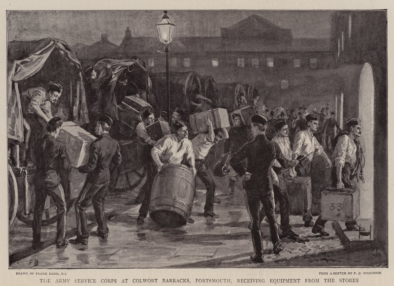A Portsmouth állambeli Colwort laktanyában lévő katonai szolgálati alakulat felszerelést kap az üzletekből alkotó: Frank Dadd