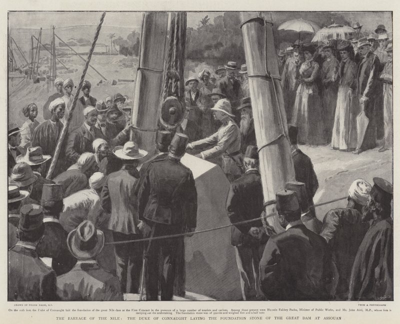 A Nílus gátja, a Connaught hercege leteszi a Nagy Gát alapkövét Assouanban. alkotó: Frank Dadd