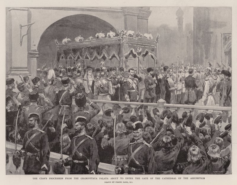 A cári körmenet a Granovitaya Palatáról, közeledik a Nagyboldogasszony-székesegyház kapuján alkotó: Frank Dadd