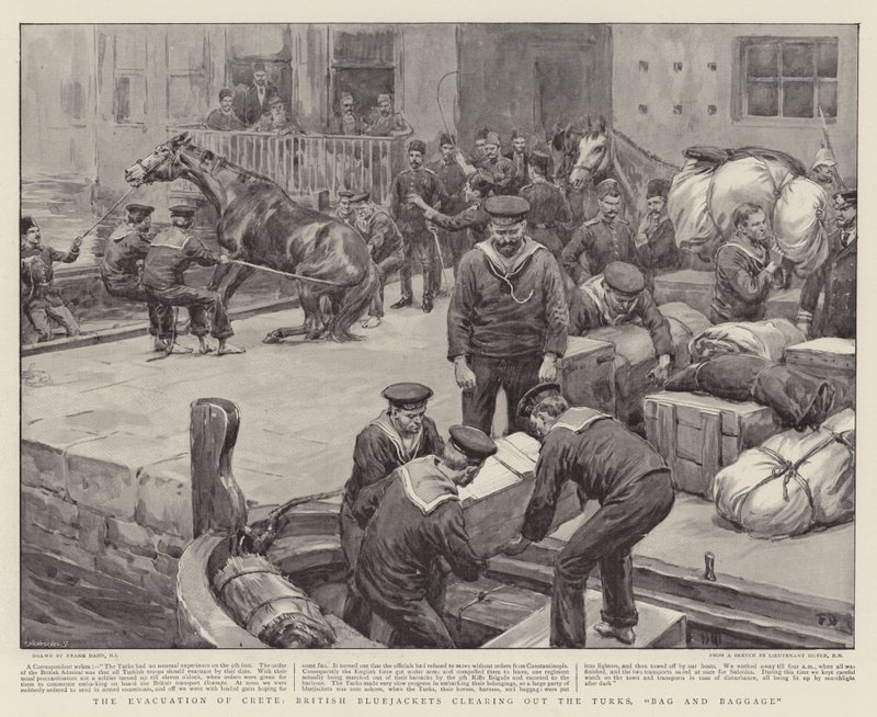 Kréta kiürítése, brit kék dzsekik a törökök kiürítésénél, Bag and Baggage (táska és poggyász) alkotó: Frank Dadd