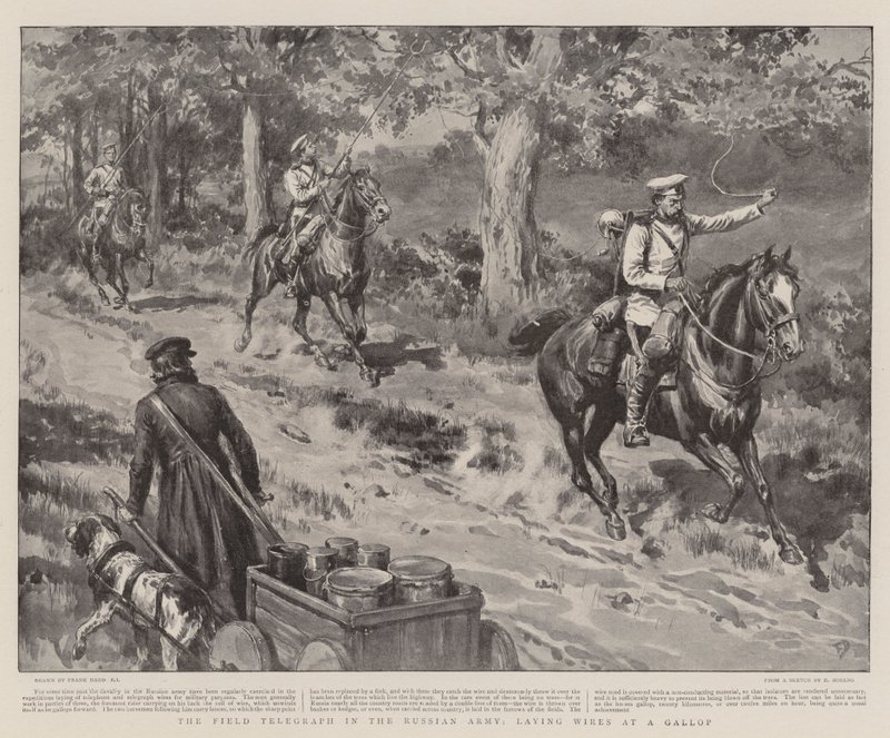 A Field Telegraph az orosz hadseregben, drótokat fektetve vágtában alkotó: Frank Dadd