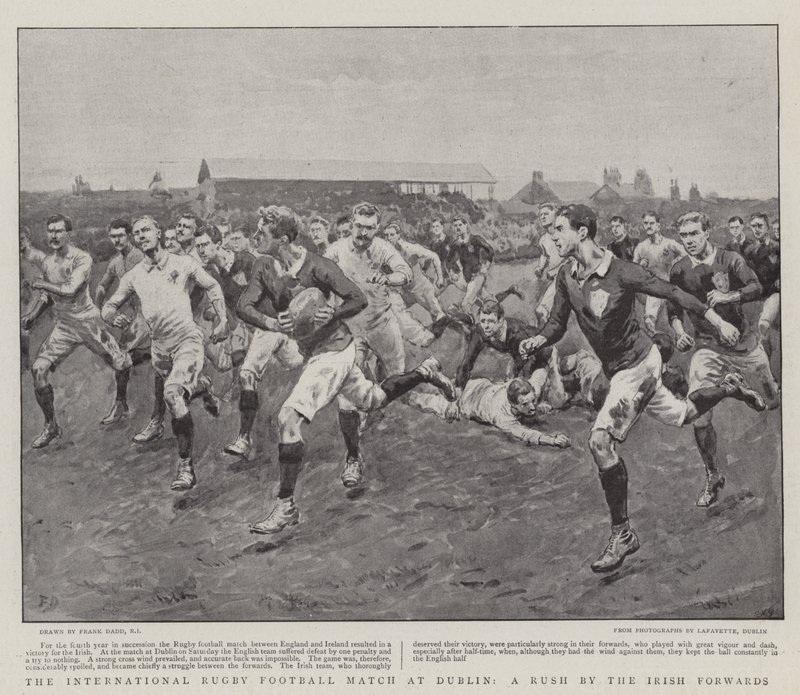 Nemzetközi rögbi labdarúgó-mérkőzés Dublinban, az ír támadók rohanása alkotó: Frank Dadd