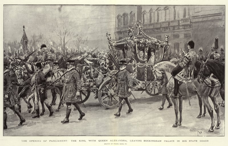 A Parlament megnyitója, a király, Alexandra királynővel, aki a Buckingham-palotát hagyja az állam edzőjében alkotó: Frank Dadd