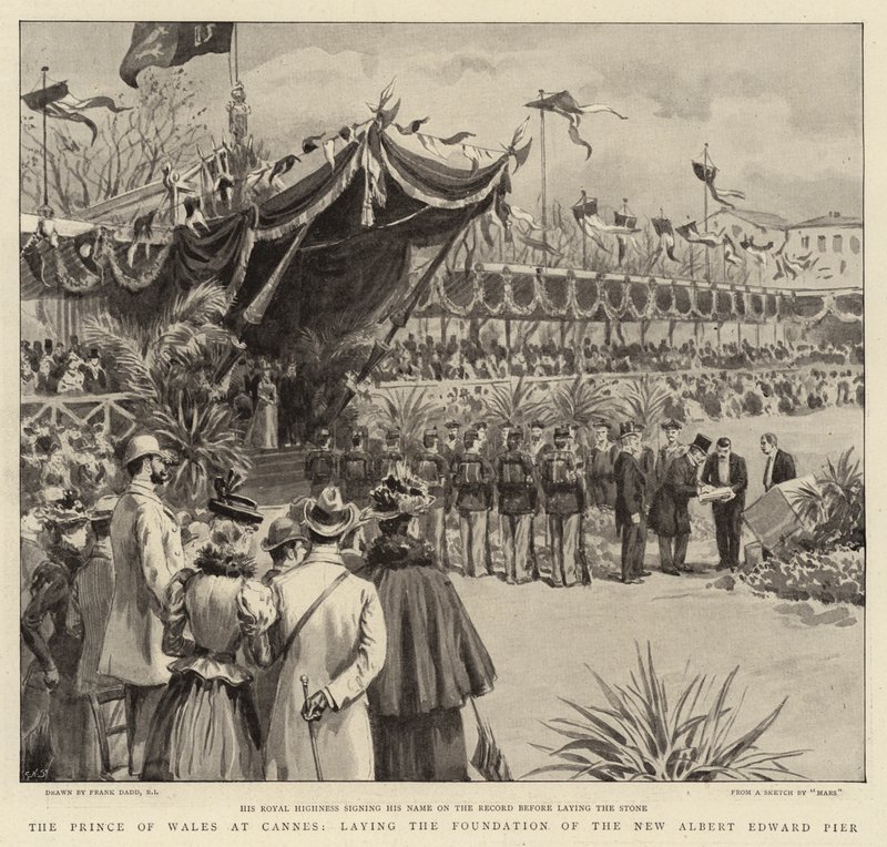 A walesi herceg Cannes-ban, az új Albert Edward móló alapjainak lefektetésében alkotó: Frank Dadd
