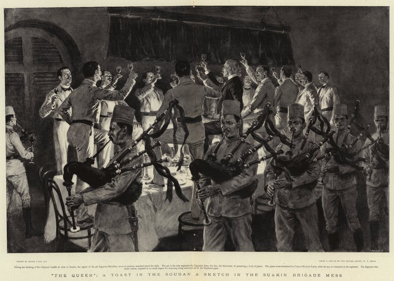 A királynő, egy pirítós a Soudanban, egy vázlat a Suakin Brigade Mess-ben alkotó: Frank Dadd