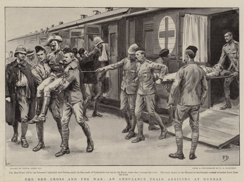 A Vöröskereszt és a háború, egy mentővonat érkezik Durbanbe alkotó: Frank Dadd