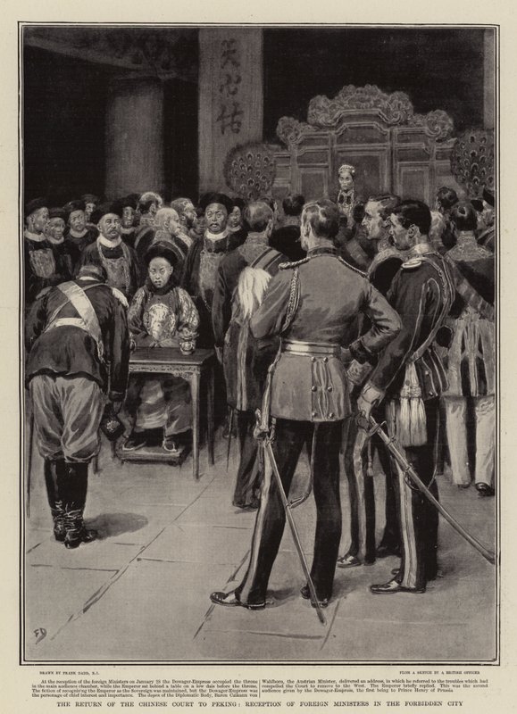 A kínai udvar visszatér Pekingbe, Külügyminiszterek fogadása a Tiltott Városban alkotó: Frank Dadd