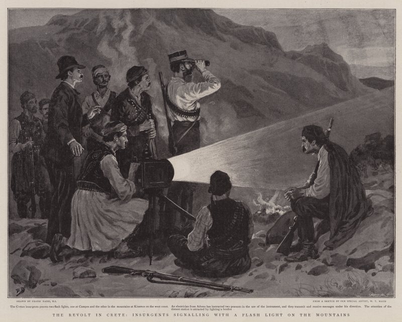 A krétai lázadás, felkelők jeleznek a hegyi villanófénnyel alkotó: Frank Dadd