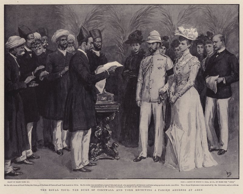 A királyi körút, Cornwall és York hercege egy parszi beszédet fogad Adenben alkotó: Frank Dadd
