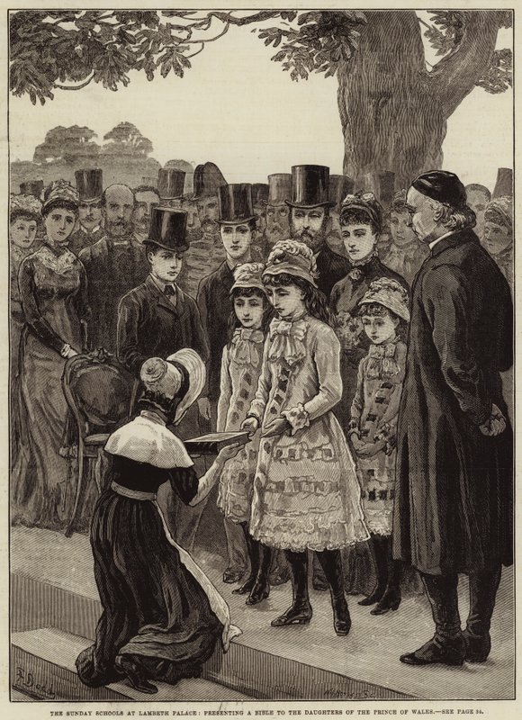 Vasárnapi iskolák a Lambeth-palotában, Bibliát mutatnak be a walesi herceg lányainak alkotó: Frank Dadd