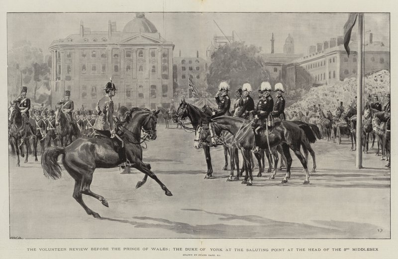 Önkéntes szemle a walesi herceg, York hercege előtt a köszöntőpontnál a 3. Middlesex élén alkotó: Frank Dadd
