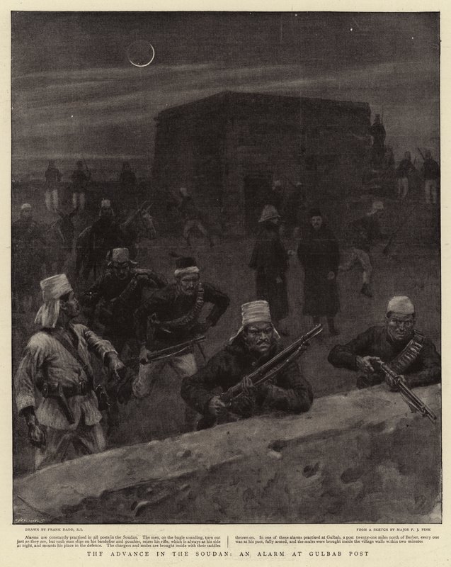 Az előrenyomulás a Szudánban, riadó a Gulbab Postánál alkotó: Frank Dadd