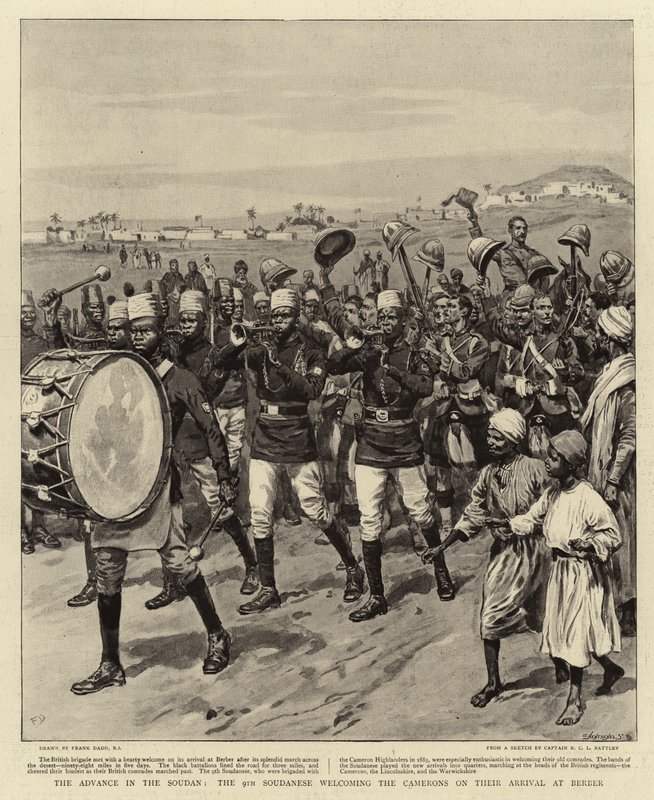 Előrenyomulás a Soudanban, a 9. soudanese üdvözli Cameronékat a berberekhez való érkezésükkor alkotó: Frank Dadd