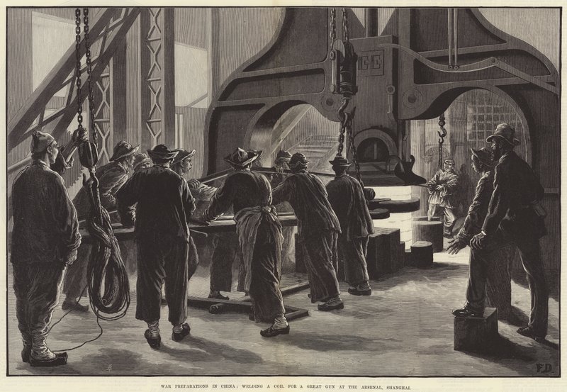 Háborús előkészületek Kínában, tekercs hegesztése egy nagy fegyverhez az Arzenálban, Sanghajban alkotó: Frank Dadd