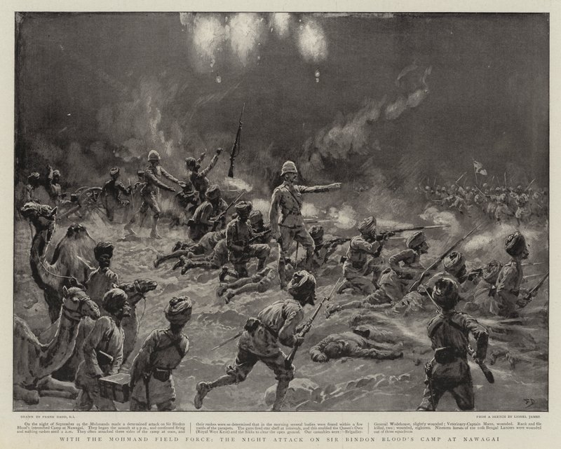A mohmandi tábori erőkkel az éjszakai támadás Sir Bindon Blood nawagai tábora ellen. alkotó: Frank Dadd