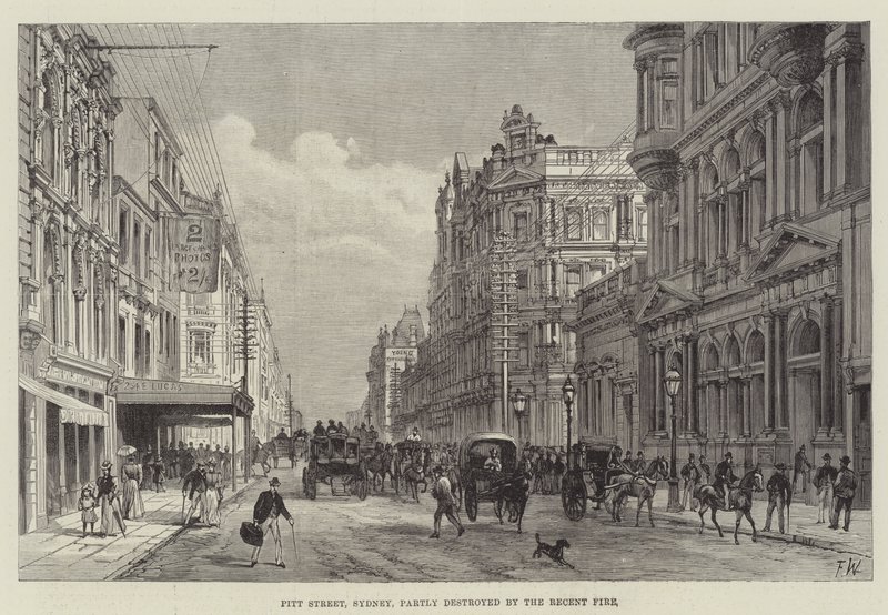 Pitt Street, Sydney, részben elpusztult a legutóbbi tűzvészben alkotó: Frank Watkins