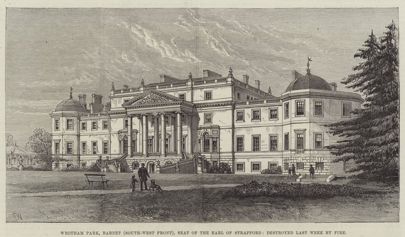 Wrotham Park, Barnet (délnyugati front), Strafford grófjának székhelye, a múlt héten tűzvészben elpusztult. alkotó: Frank Watkins
