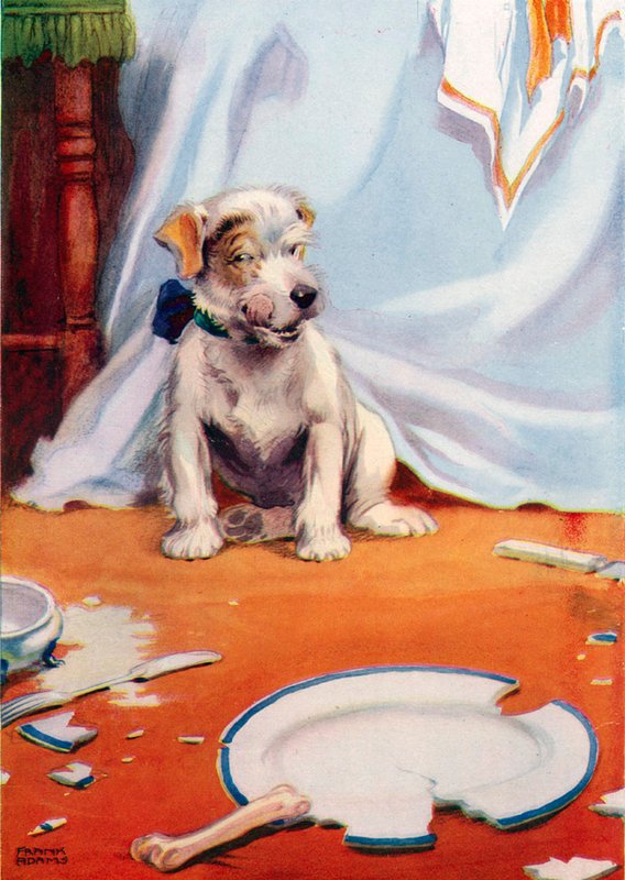 Kutya törött tányérral (színes litho) alkotó: Frank Adams