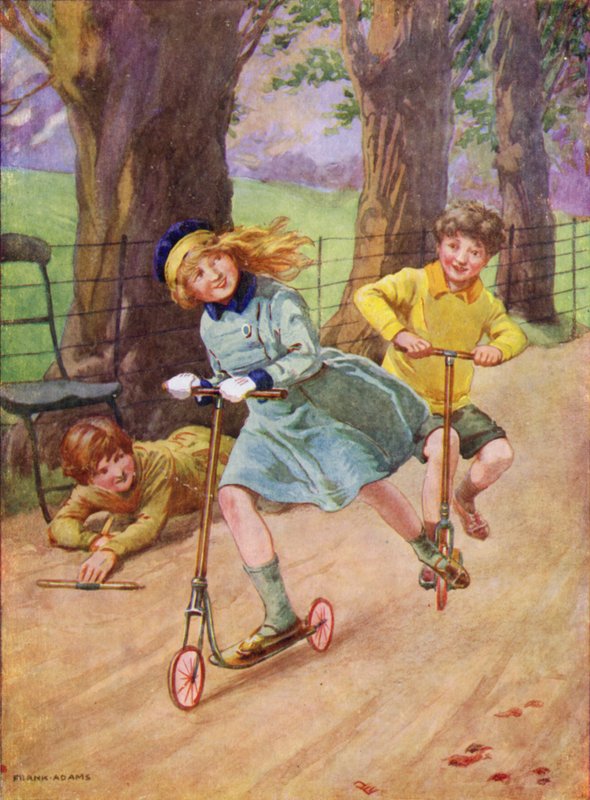Lány és fiú robogókon versenyeznek (színes litho) alkotó: Frank Adams