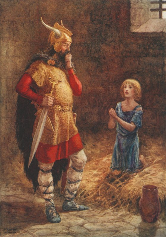 Havelok Godard kegyelmét kéri, a Havelok, a dán című régi balladából (színes litó) alkotó: Frank Adams