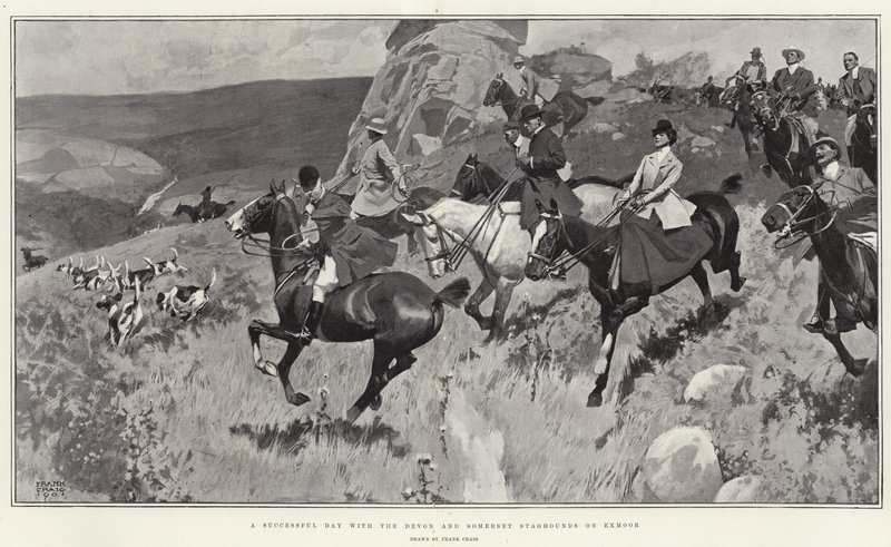 Egy sikeres nap a devoni és somerseti szarvaskutyákkal Exmoorban (litho) alkotó: Frank Craig