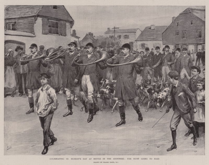 Szent Hubert nap ünneplése Bievre-ben az ardennekben, a vadászat misére megy alkotó: Frank Dadd