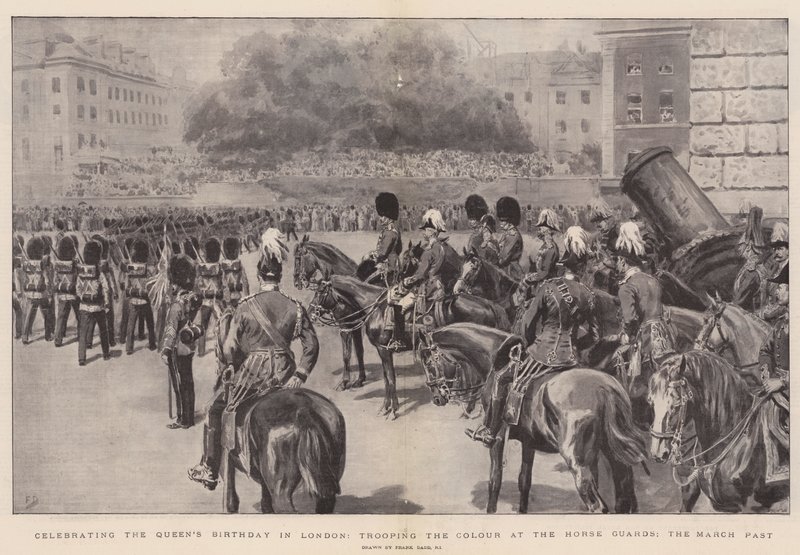 A királynő születésnapjának megünneplése Londonban, a színek csapata a Horse Guardsnál, a márciusi múlt alkotó: Frank Dadd
