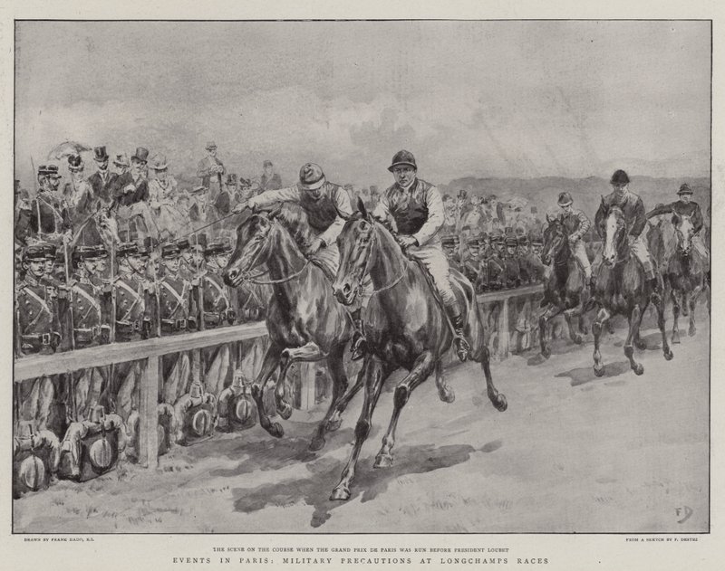 Párizsi események, katonai óvintézkedések a longchampsi versenyeken alkotó: Frank Dadd