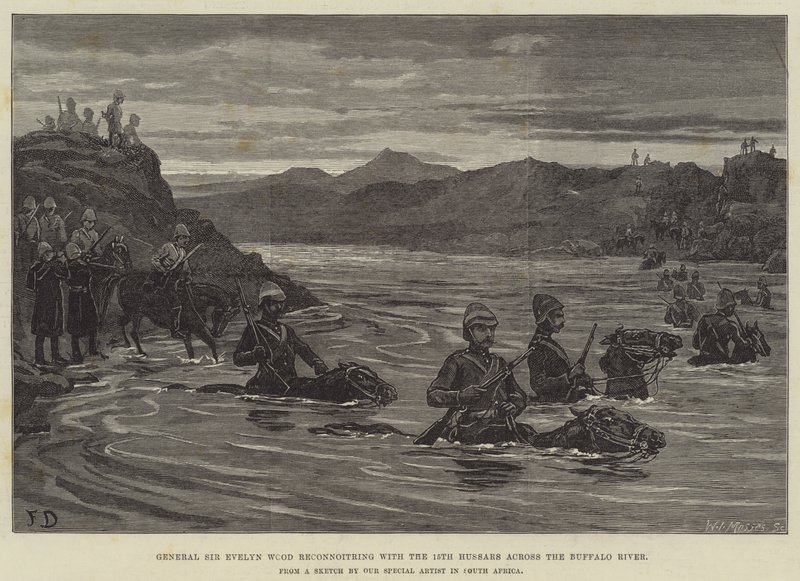 Sir Evelyn Wood tábornok felderítést végez a 15. huszárral a Buffalo folyón túl alkotó: Frank Dadd