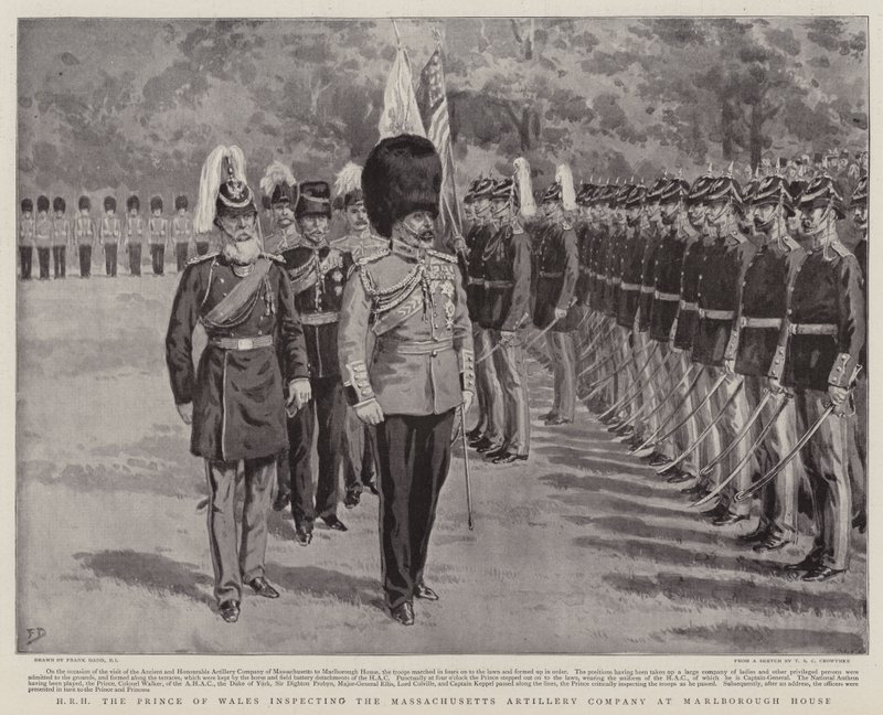 HRH, a walesi herceg ellenőrzi a Massachusetts Tüzérségi Társaságot a Marlborough House-ban alkotó: Frank Dadd