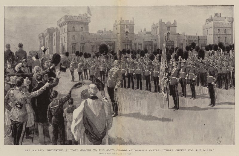 Őfelsége állami színt ad át a skót gárdistáknak a windsori kastélyban: Három éljenzés a királynőnek alkotó: Frank Dadd