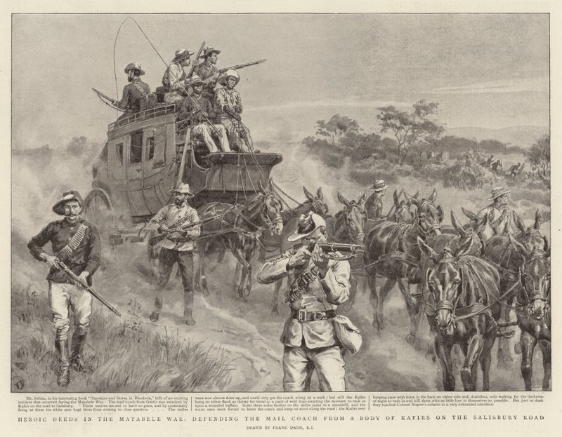 Hős tettek a Matabele háborúban, a postakocsi megvédése a kafirok holttestétől a Salisbury Roadon alkotó: Frank Dadd