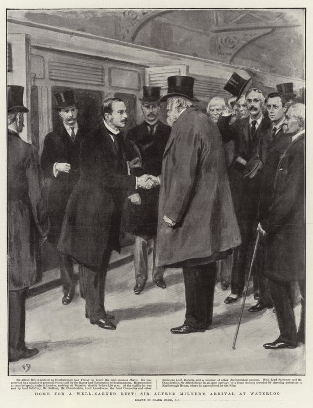 Otthon a jól megérdemelt pihenéshez, Sir Alfred Milner érkezése Waterlooba alkotó: Frank Dadd