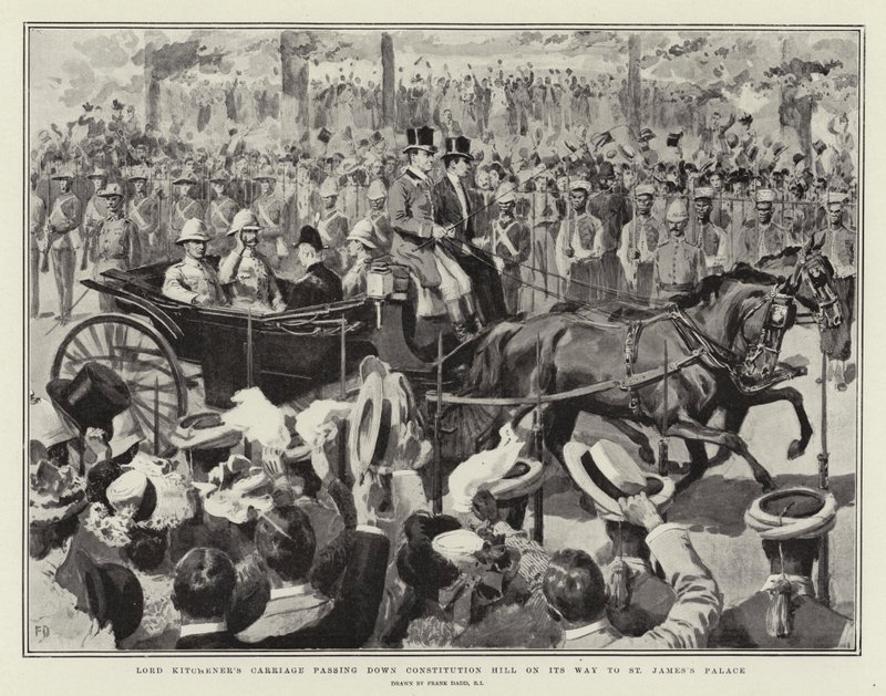 Lord Kitchener hintója halad le az Alkotmány-dombon a Szent Jakab-palota felé vezető úton alkotó: Frank Dadd