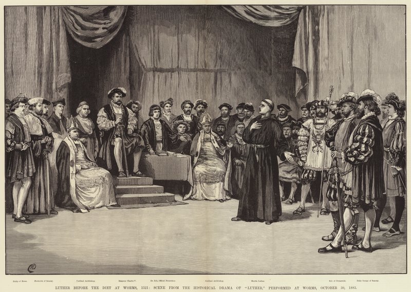 Luther az 1521-es wormsi diéta előtt, jelenet Luther történelmi drámájából, Wormsban, 1883. október 30. alkotó: Frank Dadd