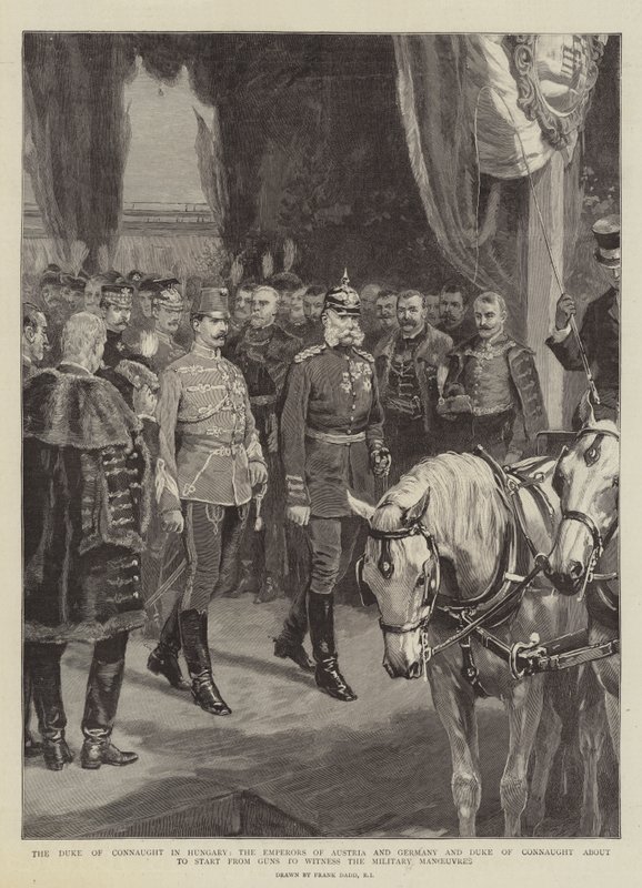 A magyarországi Connaught hercege, az osztrák és német császárok és a Connaught hercege, akik éppen indulnak a fegyverekből, hogy tanúi legyenek a katonai manővereknek. alkotó: Frank Dadd