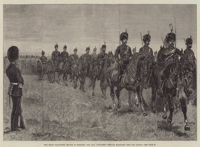 A Windsori Nagy Önkéntes Szemle, a Királynő mellett menetelő Tisztelt Tüzérségi Társaság alkotó: Frank Dadd
