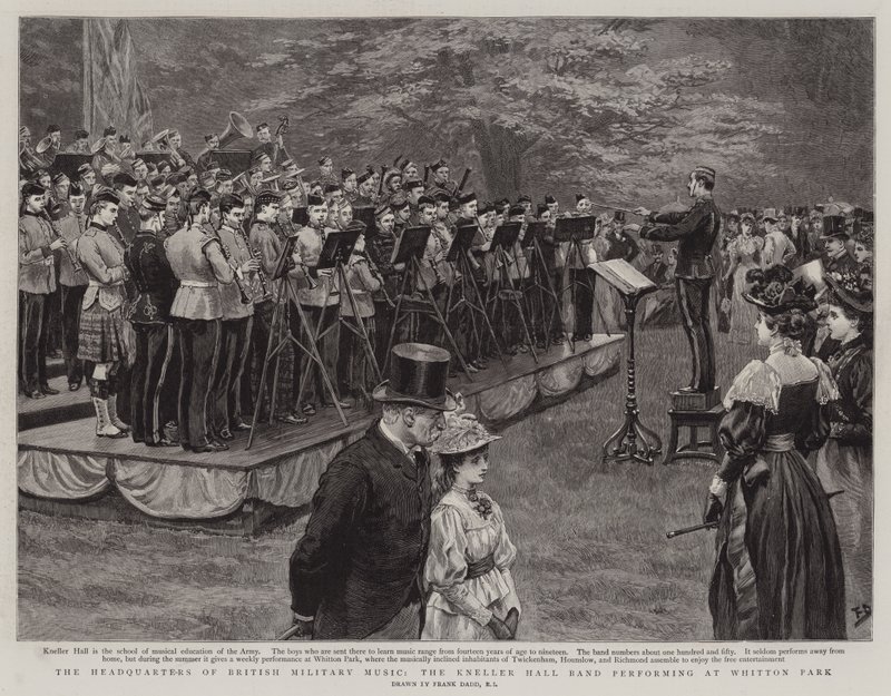 A Brit Katonai Zene Központja, a Kneller Hall Band fellép a Whitton Parkban alkotó: Frank Dadd
