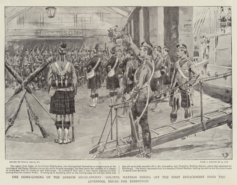 A Gordon Highlanders hazatérése, Mathias ezredes, aki elküldi az első különítményt a Liverpool Docksból Edinburghba alkotó: Frank Dadd