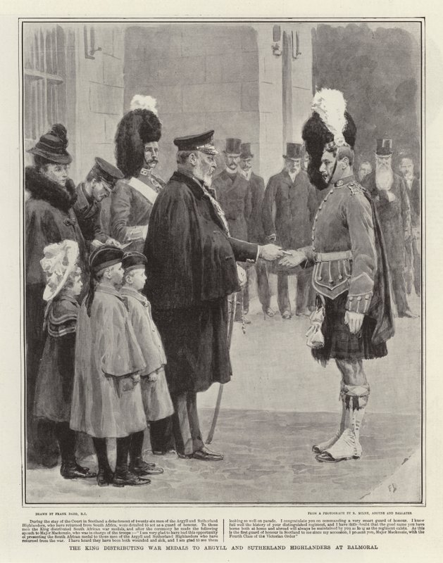 A király háborús érmeket oszt ki Argyll és Sutherland Highlanders között Balmoralban alkotó: Frank Dadd