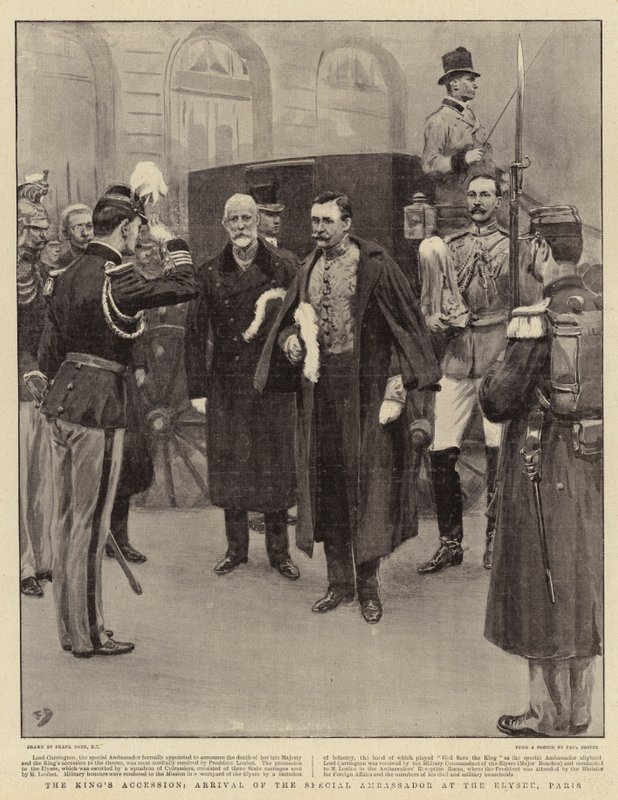 A király csatlakozása, a különleges nagykövet érkezése az Elysee-be, Párizs alkotó: Frank Dadd