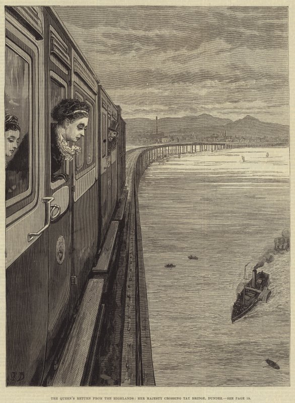 A királynő visszatér a Felföldről, Őfelsége átkel a Tay Bridge-en, Dundee-ban alkotó: Frank Dadd