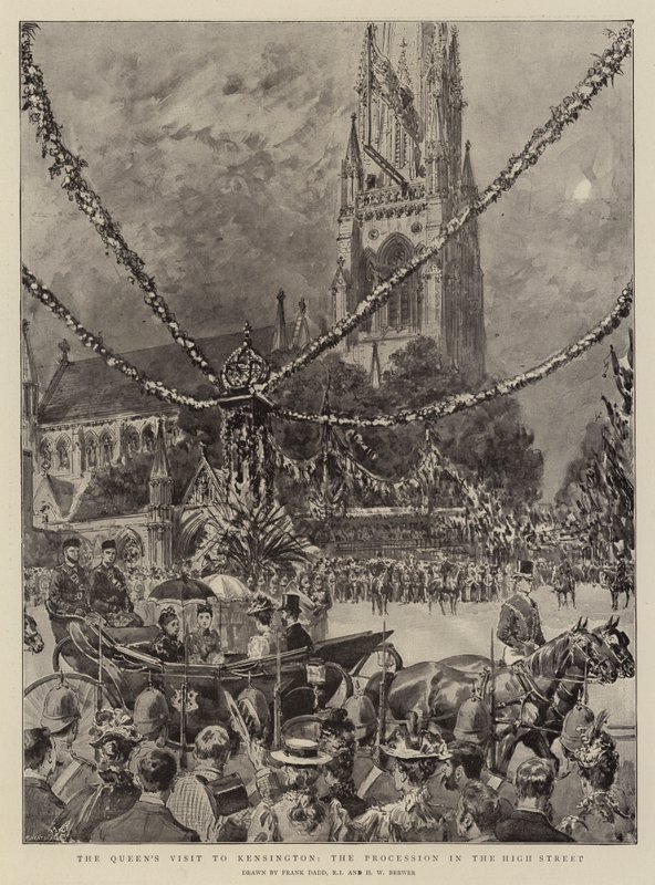 A királynő látogatása Kensingtonban, a körmenet a High Streeten alkotó: Frank Dadd