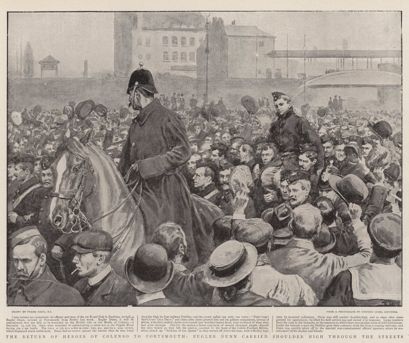 A Colenso hőseinek visszatérése Portsmouthba, Bugler Dunn vállmagasan vitte az utcákon alkotó: Frank Dadd