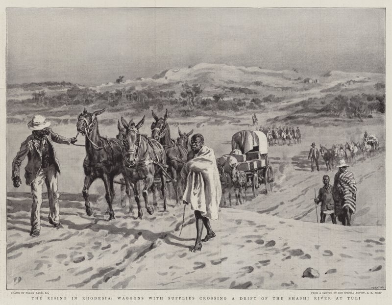 The Rising in Rhodesia, kocsik készletekkel átkelnek a Shashi folyón Tulinál alkotó: Frank Dadd