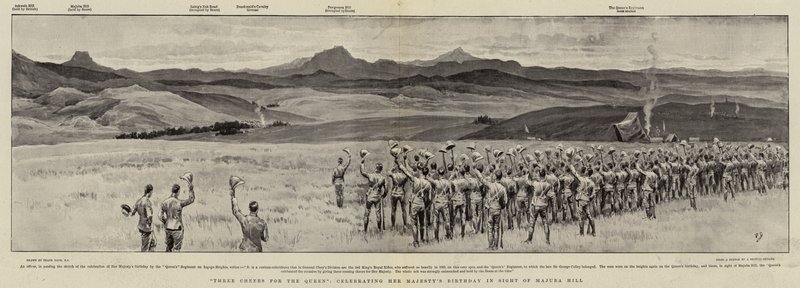 Három egészséget a királynőnek, aki Őfelsége születésnapját ünnepli a Majuba Hill láttán alkotó: Frank Dadd