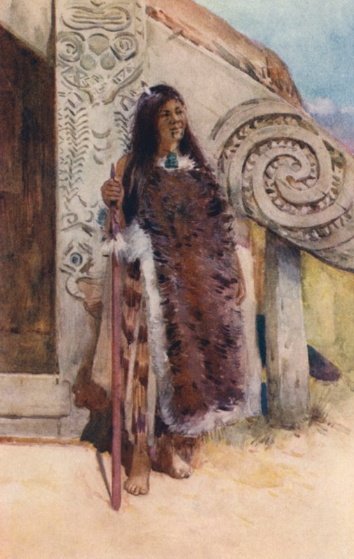 Új-Zéland: Maori törzsfőnöknő (színes litográfia) alkotó: Frank H Wright